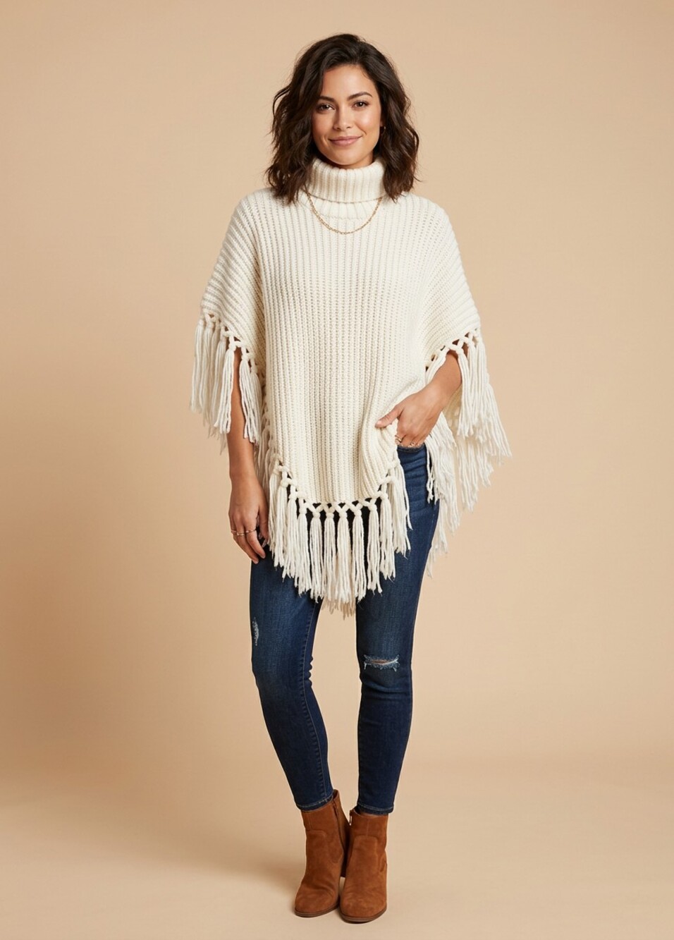 Cream Fringe Turtleneck Poncho Knit Sweater with Tassels